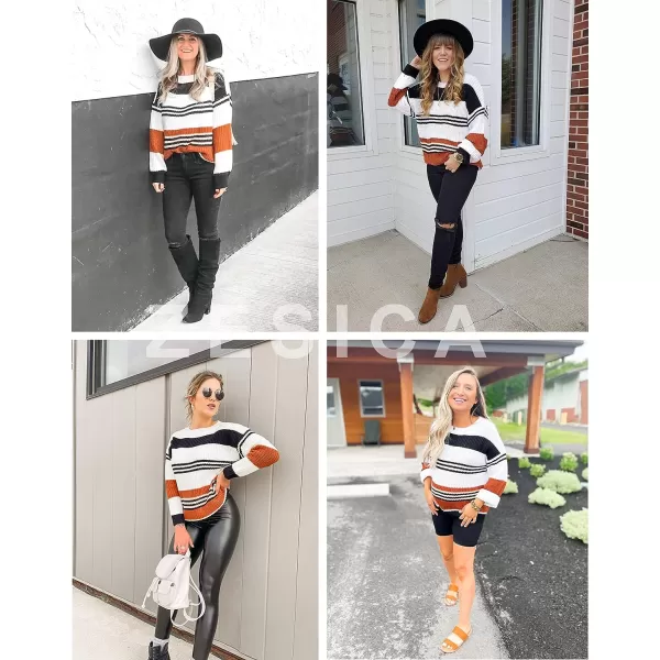 imageZESICA Womens 2023 Fall Long Sleeve Crew Neck Striped Color Block Casual Loose Knitted Pullover Sweater TopsBlack