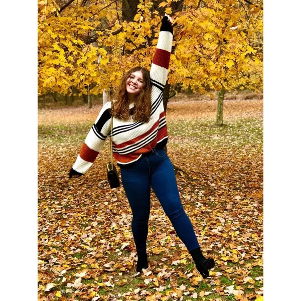 imageZESICA Womens 2023 Fall Long Sleeve Crew Neck Striped Color Block Casual Loose Knitted Pullover Sweater TopsBlack