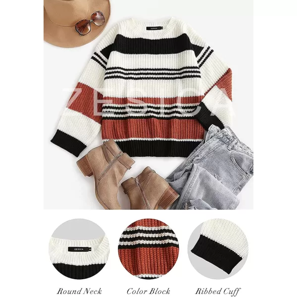 imageZESICA Womens 2023 Fall Long Sleeve Crew Neck Striped Color Block Casual Loose Knitted Pullover Sweater TopsBlack