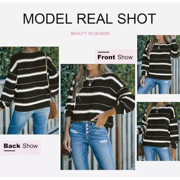 imageZESICA Womens 2023 Fall Long Sleeve Crew Neck Striped Color Block Casual Loose Knitted Pullover Sweater TopsBlackwhite