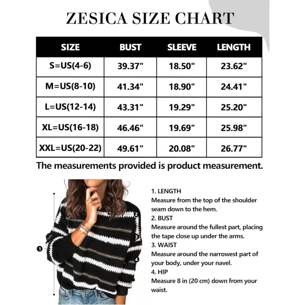 imageZESICA Womens 2023 Fall Long Sleeve Crew Neck Striped Color Block Casual Loose Knitted Pullover Sweater TopsBlackwhite