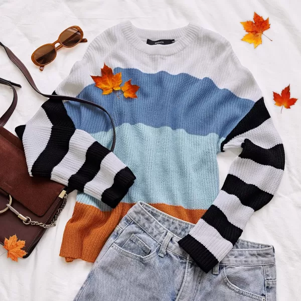imageZESICA Womens 2023 Fall Long Sleeve Crew Neck Striped Color Block Casual Loose Knitted Pullover Sweater TopsBlue