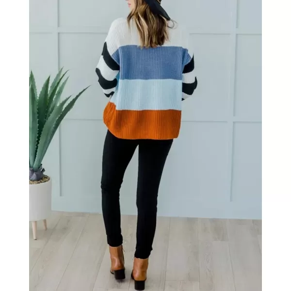 imageZESICA Womens 2023 Fall Long Sleeve Crew Neck Striped Color Block Casual Loose Knitted Pullover Sweater TopsBlue