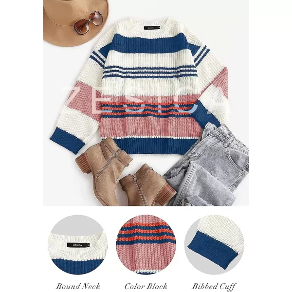 imageZESICA Womens 2023 Fall Long Sleeve Crew Neck Striped Color Block Casual Loose Knitted Pullover Sweater TopsBlue2