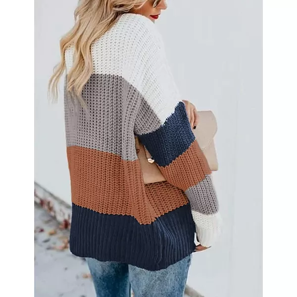 imageZESICA Womens 2023 Fall Long Sleeve Crew Neck Striped Color Block Casual Loose Knitted Pullover Sweater TopsBrown