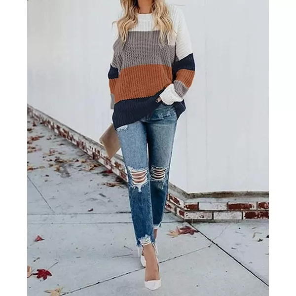 imageZESICA Womens 2023 Fall Long Sleeve Crew Neck Striped Color Block Casual Loose Knitted Pullover Sweater TopsBrown