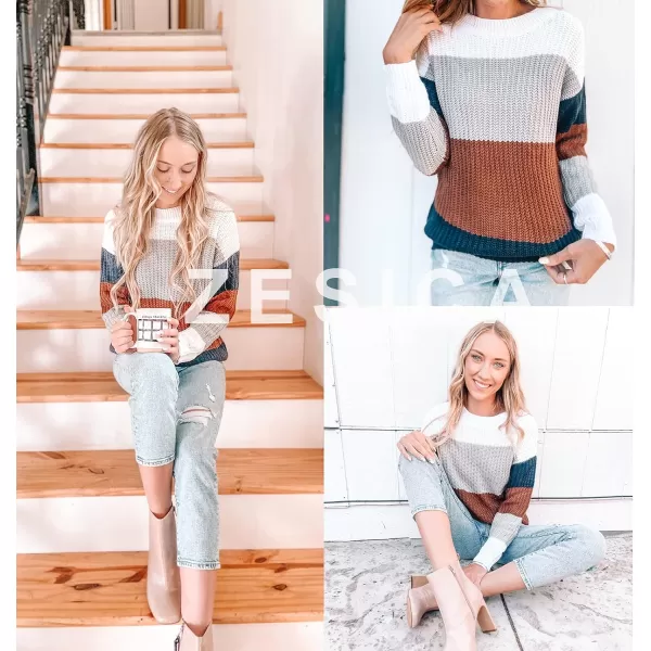 imageZESICA Womens 2023 Fall Long Sleeve Crew Neck Striped Color Block Casual Loose Knitted Pullover Sweater TopsBrown