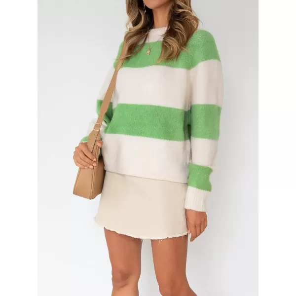 imageZESICA Womens 2023 Fall Long Sleeve Crew Neck Striped Color Block Casual Loose Knitted Pullover Sweater TopsGrassgreen