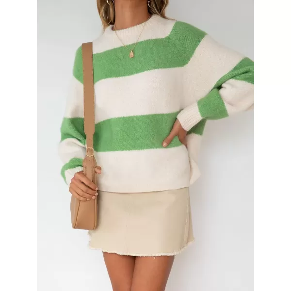imageZESICA Womens 2023 Fall Long Sleeve Crew Neck Striped Color Block Casual Loose Knitted Pullover Sweater TopsGrassgreen