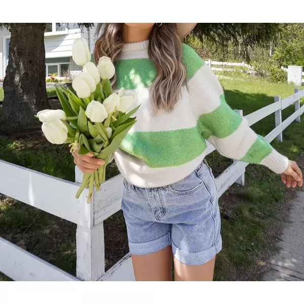 imageZESICA Womens 2023 Fall Long Sleeve Crew Neck Striped Color Block Casual Loose Knitted Pullover Sweater TopsGrassgreen
