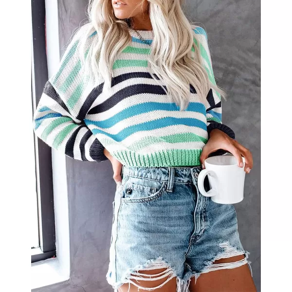 imageZESICA Womens 2023 Fall Long Sleeve Crew Neck Striped Color Block Casual Loose Knitted Pullover Sweater TopsGreen