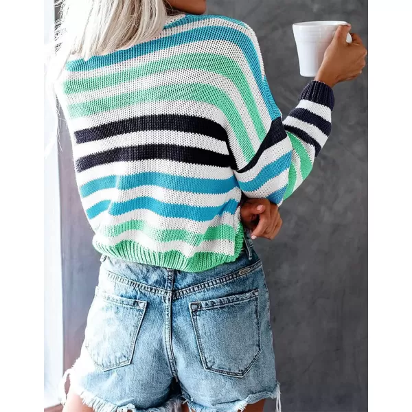 imageZESICA Womens 2023 Fall Long Sleeve Crew Neck Striped Color Block Casual Loose Knitted Pullover Sweater TopsGreen