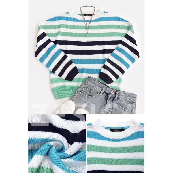 imageZESICA Womens 2023 Fall Long Sleeve Crew Neck Striped Color Block Casual Loose Knitted Pullover Sweater TopsGreen