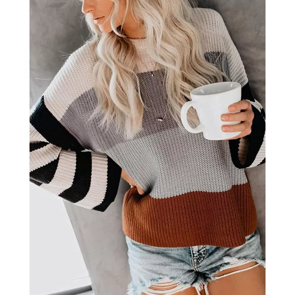 imageZESICA Womens 2023 Fall Long Sleeve Crew Neck Striped Color Block Casual Loose Knitted Pullover Sweater TopsGrey