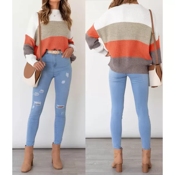 imageZESICA Womens 2023 Fall Long Sleeve Crew Neck Striped Color Block Casual Loose Knitted Pullover Sweater TopsKhakimulti