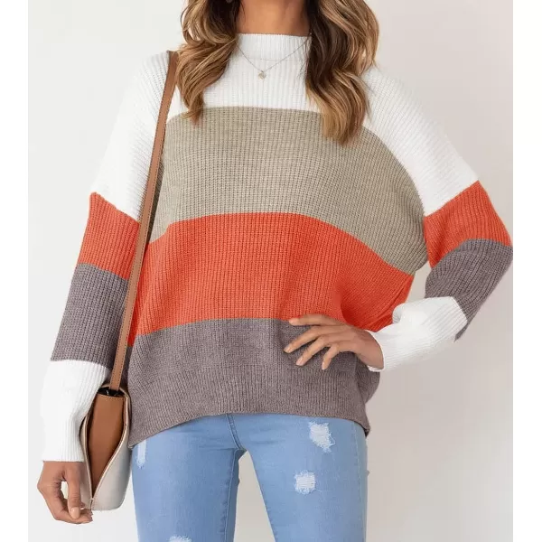 imageZESICA Womens 2023 Fall Long Sleeve Crew Neck Striped Color Block Casual Loose Knitted Pullover Sweater TopsKhakimulti