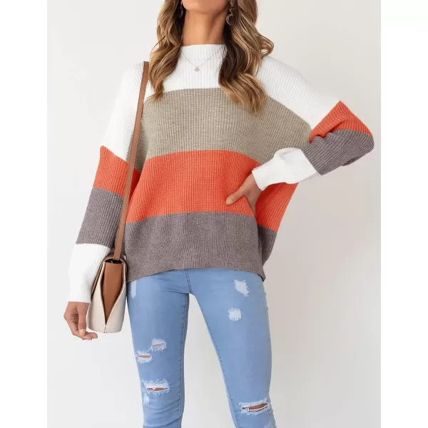 imageZESICA Womens 2023 Fall Long Sleeve Crew Neck Striped Color Block Casual Loose Knitted Pullover Sweater TopsKhakimulti
