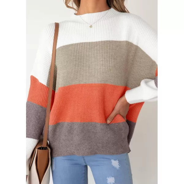 imageZESICA Womens 2023 Fall Long Sleeve Crew Neck Striped Color Block Casual Loose Knitted Pullover Sweater TopsKhakimulti