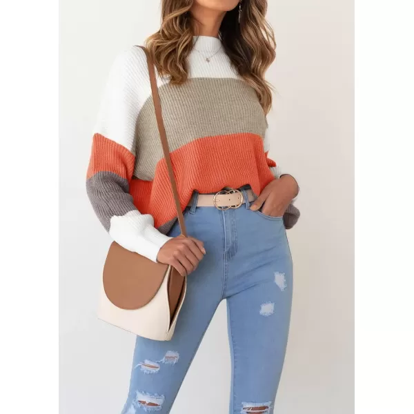 imageZESICA Womens 2023 Fall Long Sleeve Crew Neck Striped Color Block Casual Loose Knitted Pullover Sweater TopsKhakimulti