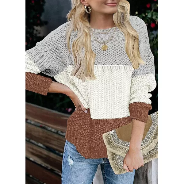 imageZESICA Womens 2023 Fall Long Sleeve Crew Neck Striped Color Block Casual Loose Knitted Pullover Sweater TopsLightgrey