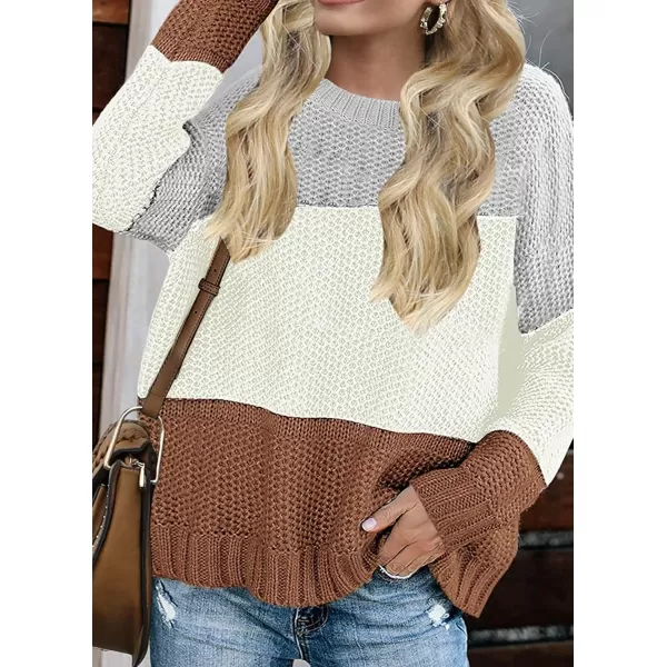 imageZESICA Womens 2023 Fall Long Sleeve Crew Neck Striped Color Block Casual Loose Knitted Pullover Sweater TopsLightgrey