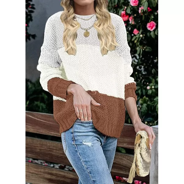 imageZESICA Womens 2023 Fall Long Sleeve Crew Neck Striped Color Block Casual Loose Knitted Pullover Sweater TopsLightgrey
