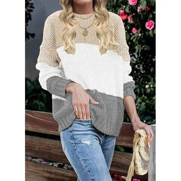 imageZESICA Womens 2023 Fall Long Sleeve Crew Neck Striped Color Block Casual Loose Knitted Pullover Sweater TopsLightkhaki