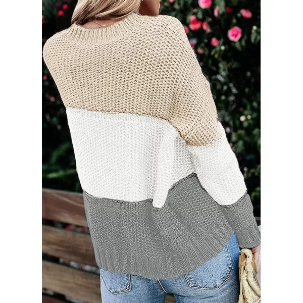 imageZESICA Womens 2023 Fall Long Sleeve Crew Neck Striped Color Block Casual Loose Knitted Pullover Sweater TopsLightkhaki