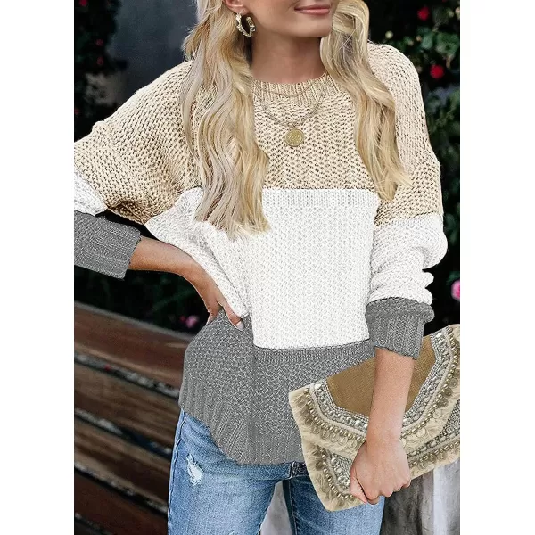 imageZESICA Womens 2023 Fall Long Sleeve Crew Neck Striped Color Block Casual Loose Knitted Pullover Sweater TopsLightkhaki
