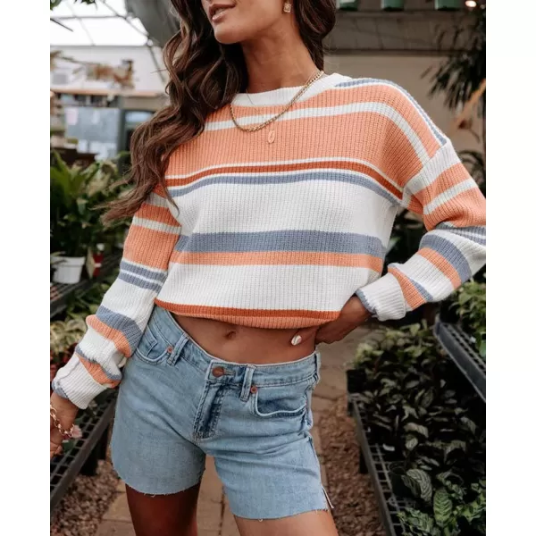 imageZESICA Womens 2023 Fall Long Sleeve Crew Neck Striped Color Block Casual Loose Knitted Pullover Sweater TopsLightorange