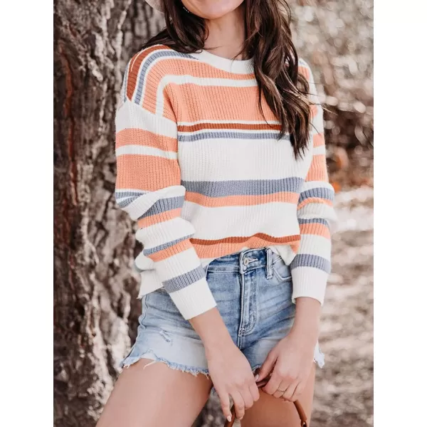 imageZESICA Womens 2023 Fall Long Sleeve Crew Neck Striped Color Block Casual Loose Knitted Pullover Sweater TopsLightorange