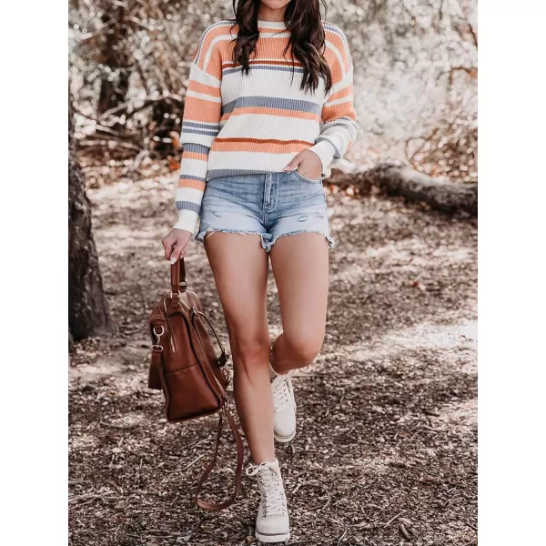 imageZESICA Womens 2023 Fall Long Sleeve Crew Neck Striped Color Block Casual Loose Knitted Pullover Sweater TopsLightorange