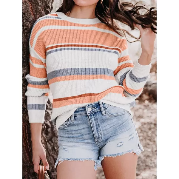 imageZESICA Womens 2023 Fall Long Sleeve Crew Neck Striped Color Block Casual Loose Knitted Pullover Sweater TopsLightorange