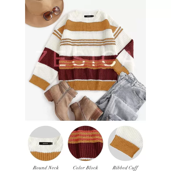 imageZESICA Womens 2023 Fall Long Sleeve Crew Neck Striped Color Block Casual Loose Knitted Pullover Sweater TopsMustard