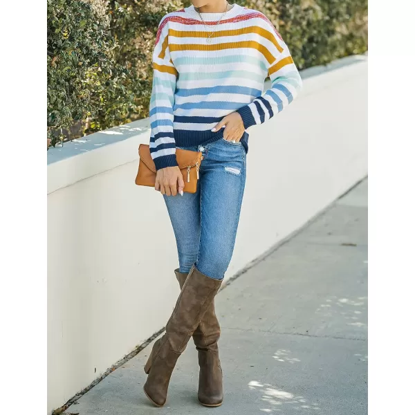 imageZESICA Womens 2023 Fall Long Sleeve Crew Neck Striped Color Block Casual Loose Knitted Pullover Sweater TopsNavy