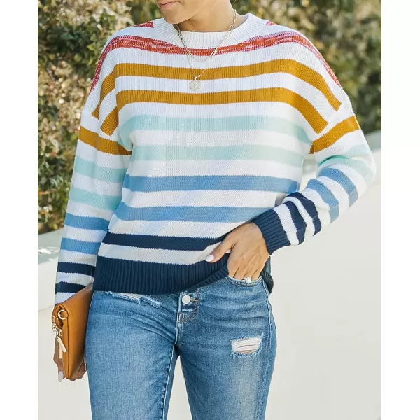 imageZESICA Womens 2023 Fall Long Sleeve Crew Neck Striped Color Block Casual Loose Knitted Pullover Sweater TopsNavy