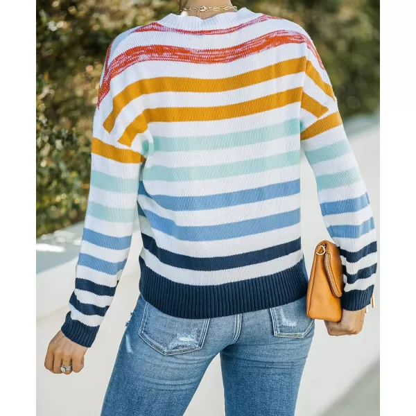 imageZESICA Womens 2023 Fall Long Sleeve Crew Neck Striped Color Block Casual Loose Knitted Pullover Sweater TopsNavy