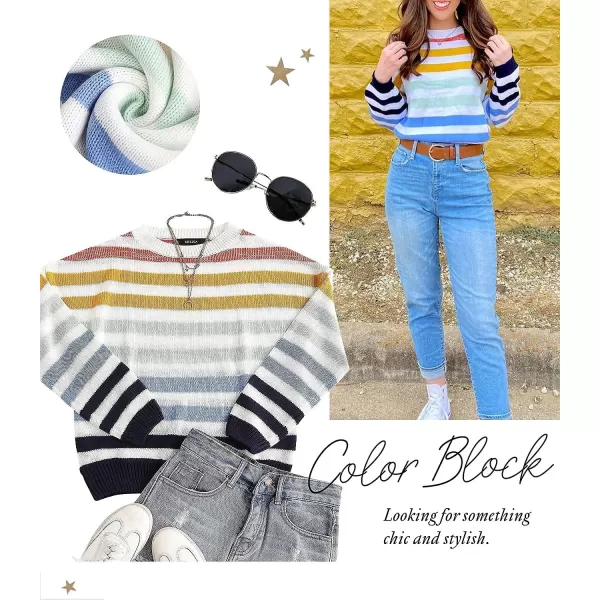 imageZESICA Womens 2023 Fall Long Sleeve Crew Neck Striped Color Block Casual Loose Knitted Pullover Sweater TopsNavy