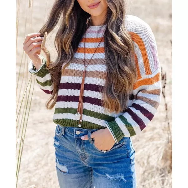 imageZESICA Womens 2023 Fall Long Sleeve Crew Neck Striped Color Block Casual Loose Knitted Pullover Sweater TopsOrange