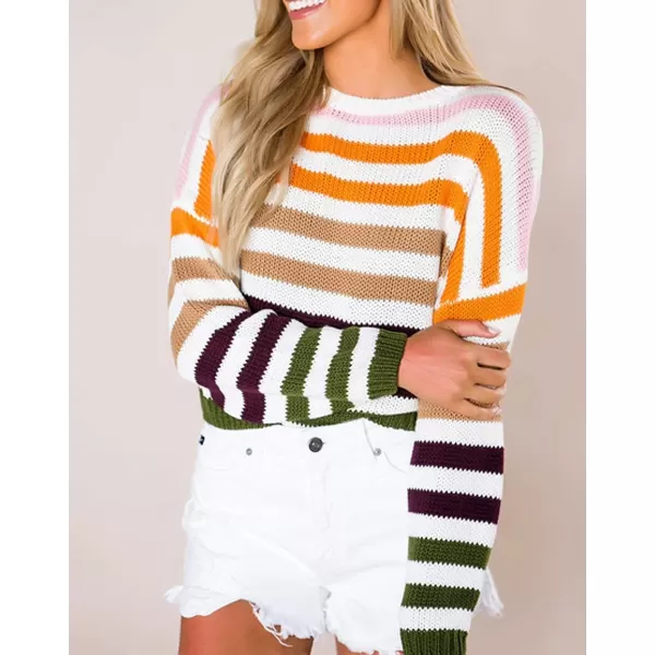 imageZESICA Womens 2023 Fall Long Sleeve Crew Neck Striped Color Block Casual Loose Knitted Pullover Sweater TopsOrange