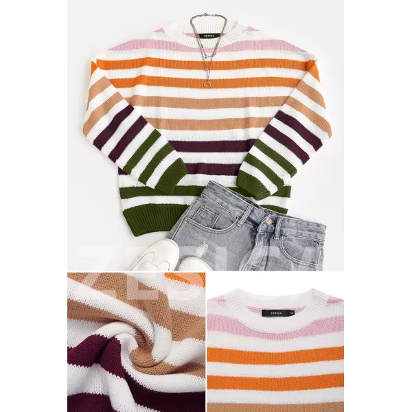 imageZESICA Womens 2023 Fall Long Sleeve Crew Neck Striped Color Block Casual Loose Knitted Pullover Sweater TopsOrange