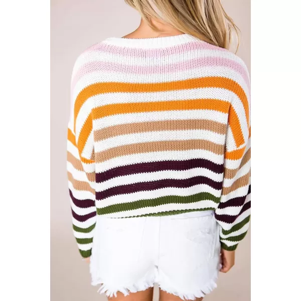 imageZESICA Womens 2023 Fall Long Sleeve Crew Neck Striped Color Block Casual Loose Knitted Pullover Sweater TopsOrange