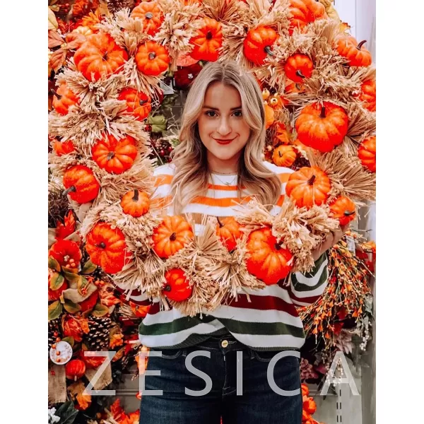 imageZESICA Womens 2023 Fall Long Sleeve Crew Neck Striped Color Block Casual Loose Knitted Pullover Sweater TopsOrange