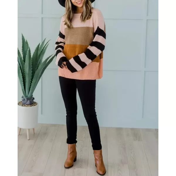 imageZESICA Womens 2023 Fall Long Sleeve Crew Neck Striped Color Block Casual Loose Knitted Pullover Sweater TopsOrange2