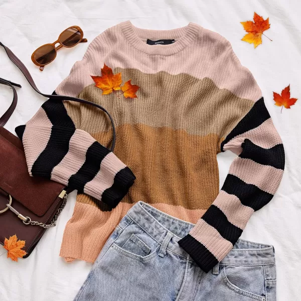 imageZESICA Womens 2023 Fall Long Sleeve Crew Neck Striped Color Block Casual Loose Knitted Pullover Sweater TopsOrange2