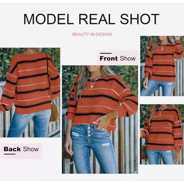 imageZESICA Womens 2023 Fall Long Sleeve Crew Neck Striped Color Block Casual Loose Knitted Pullover Sweater TopsOrangeblack