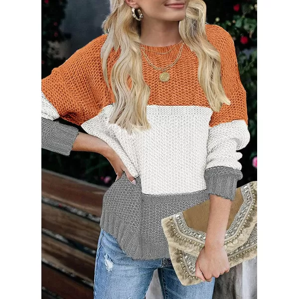 imageZESICA Womens 2023 Fall Long Sleeve Crew Neck Striped Color Block Casual Loose Knitted Pullover Sweater TopsOrangewhite