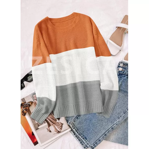 imageZESICA Womens 2023 Fall Long Sleeve Crew Neck Striped Color Block Casual Loose Knitted Pullover Sweater TopsOrangewhite
