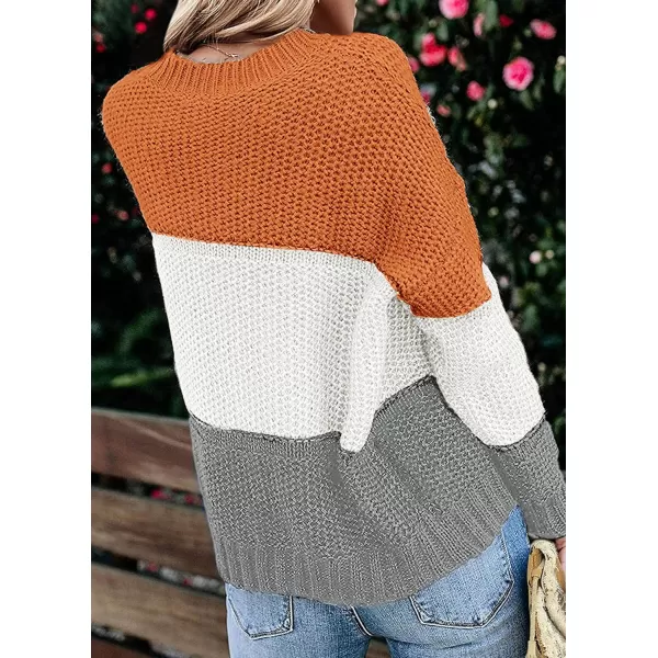 imageZESICA Womens 2023 Fall Long Sleeve Crew Neck Striped Color Block Casual Loose Knitted Pullover Sweater TopsOrangewhite