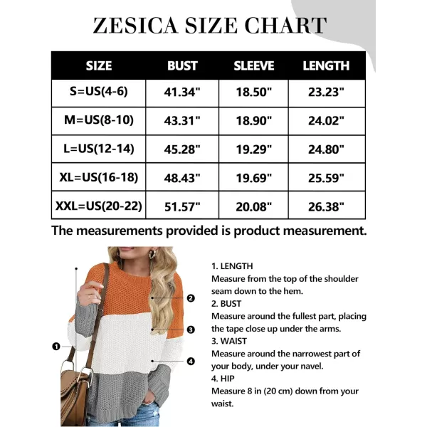 imageZESICA Womens 2023 Fall Long Sleeve Crew Neck Striped Color Block Casual Loose Knitted Pullover Sweater TopsOrangewhite